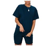 janisramone Womens Ladies New Plain Baggy Longline T-Shirt PJ Dress Cycling Shorts 2 Pcs Set Summer Lounge Wear Navy
