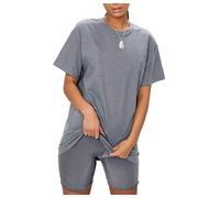 janisramone Womens Ladies New Plain Baggy Longline T-Shirt PJ Dress Cycling Shorts 2 Pcs Set Summer Lounge Wear Grey
