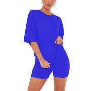 janisramone Womens Ladies New Plain Baggy Longline T-Shirt PJ Dress Cycling Shorts 2 Pcs Set Summer Lounge Wear Royal Blue