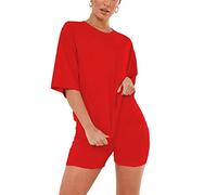 janisramone Womens Ladies New Plain Baggy Longline T-Shirt PJ Dress Cycling Shorts 2 Pcs Set Summer Lounge Wear Red