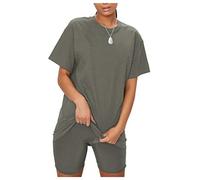 janisramone Womens Ladies New Plain Baggy Longline T-Shirt PJ Dress Cycling Shorts 2 Pcs Set Summer Lounge Wear Khaki