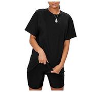 janisramone Womens Ladies New Plain Baggy Longline T-Shirt PJ Dress Cycling Shorts 2 Pcs Set Summer Lounge Wear Black