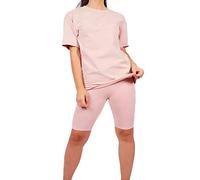 janisramone Womens Ladies New Plain Baggy Longline T-Shirt PJ Dress Cycling Shorts 2 Pcs Set Summer Lounge Wear Rose Pink