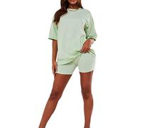 janisramone Womens Ladies New Plain Baggy Longline T-Shirt PJ Dress Cycling Shorts 2 Pcs Set Summer Lounge Wear Mint