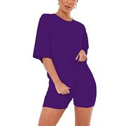 janisramone Womens Ladies New Plain Baggy Longline T-Shirt PJ Dress Cycling Shorts 2 Pcs Set Summer Lounge Wear Purple