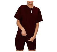 janisramone Womens Ladies New Plain Baggy Longline T-Shirt PJ Dress Cycling Shorts 2 Pcs Set Summer Lounge Wear Wine