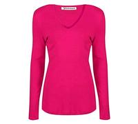janisramone Womens Ladies V Neck Long Sleeve T-Shirt Stretchy Plain Jersey Slim Fit Casual Basic Tee Tops Cerise
