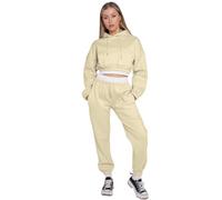 janisramone Women's Long Sleeve Crewneck Casual Hoodies Loose Trousers Two Piece Outfit Tracksuit with Rib Trim Detail, Crop Hoodies Pullover Jogger Pants, Fleece Hoodie Women Loungewear Set Stone