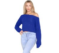 janisramone® Womens Long Sleeve Off Shoulder Jumper, Slash Neck Cable Knitted Cropped Pullover Sweater, Winter Oversized Baggy Ladies Jumpers Royal Blue