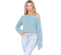 janisramone® Womens Long Sleeve Off Shoulder Jumper, Slash Neck Cable Knitted Cropped Pullover Sweater, Winter Oversized Baggy Ladies Jumpers Sky Blue