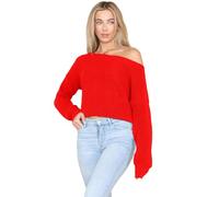 janisramone® Womens Long Sleeve Off Shoulder Jumper, Slash Neck Cable Knitted Cropped Pullover Sweater, Winter Oversized Baggy Ladies Jumpers Red