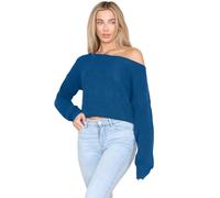 janisramone® Womens Long Sleeve Off Shoulder Jumper, Slash Neck Cable Knitted Cropped Pullover Sweater, Winter Oversized Baggy Ladies Jumpers Teal