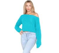 janisramone® Womens Long Sleeve Off Shoulder Jumper, Slash Neck Cable Knitted Cropped Pullover Sweater, Winter Oversized Baggy Ladies Jumpers Turquoise