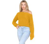 janisramone® Womens Long Sleeve Off Shoulder Jumper, Slash Neck Cable Knitted Cropped Pullover Sweater, Winter Oversized Baggy Ladies Jumpers Mustard