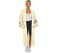 janisramone® Womens Love Print Balloon Sleeve Maxi Cardigan, Open Front Chunky Knit Maxi Cardigans for Women UK, Longline Warm Winter Sweater with Two Pockets Cream