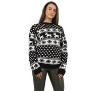 Janisramone Womens Mens New Reindeer Print Christmas Knitted Jumper Long Sleeve Unisex Retro Xmas Sweater Top, Reindeer Snowflake - Black, 16-18