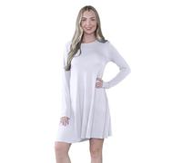 janisramone® Womens Mini Dress, Plain A Line Flared Skater Dress, Stretchy Summer Swing Mini Top, Casual Round Neck Long Sleeve Dresses for Women UK, Ladies Party Wear White