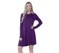 janisramone® Womens Mini Dress, Plain A Line Flared Skater Dress, Stretchy Summer Swing Mini Top, Casual Round Neck Long Sleeve Dresses for Women UK, Ladies Party Wear Purple
