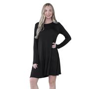 janisramone® Womens Mini Dress, Plain A Line Flared Skater Dress, Stretchy Summer Swing Mini Top, Casual Round Neck Long Sleeve Dresses for Women UK, Ladies Party Wear Black