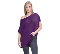 janisramone® Women's Off The Shoulder Batwing Top, Bardot Baggy Style Oversized T Shirt for Women - New Plain Fashionable Ladies Tops for Casual & Party Wear Purple