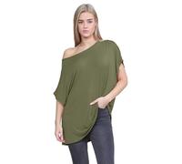 janisramone® Women's Off The Shoulder Batwing Top, Bardot Baggy Style Oversized T Shirt for Women - New Plain Fashionable Ladies Tops for Casual & Party Wear Khaki