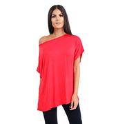 janisramone® Women's Off The Shoulder Batwing Top, Bardot Baggy Style Oversized T Shirt for Women - New Plain Fashionable Ladies Tops for Casual & Party Wear Red