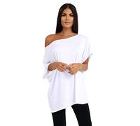 janisramone® Women's Off The Shoulder Batwing Top, Bardot Baggy Style Oversized T Shirt for Women - New Plain Fashionable Ladies Tops for Casual & Party Wear White