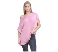 janisramone® Women's Off The Shoulder Batwing Top, Bardot Baggy Style Oversized T Shirt for Women - New Plain Fashionable Ladies Tops for Casual & Party Wear Rose Pink