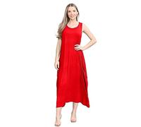 janisramone® Womens Parachute Italian Lagenlook Midi Dress, Sleeveless Round Neck Stretchy Tulip Dress, Plain Long Summer Dresses for Women UK, Casual & Holiday Ladies Midi Dresses Red
