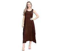 janisramone® Womens Parachute Italian Lagenlook Midi Dress, Sleeveless Round Neck Stretchy Tulip Dress, Plain Long Summer Dresses for Women UK, Casual & Holiday Ladies Midi Dresses Brown