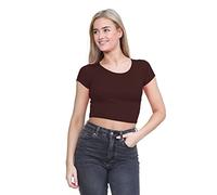 janisramone® Women's Plain Stretchy Vest Tee Mini Crop Top - Chic Cap Sleeve, Y2k Top Summer Style, Ideal Crop Tops for Women for Casual and Gym Wear Brown