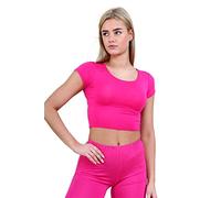 janisramone® Women's Plain Stretchy Vest Tee Mini Crop Top - Chic Cap Sleeve, Y2k Top Summer Style, Ideal Crop Tops for Women for Casual and Gym Wear Cerise