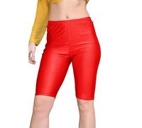 janisramone® Womens Shiny Nylon Lycra Cycling Shorts, Plain Elasticated Waist Stretchy Yoga Fitness Gym Shorts, Slim Fit Hot Pants, Versatile Women Activewear Red