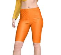 janisramone® Womens Shiny Nylon Lycra Cycling Shorts, Plain Elasticated Waist Stretchy Yoga Fitness Gym Shorts, Slim Fit Hot Pants, Versatile Women Activewear Neon Orange