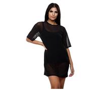 janisramone® Women's Short Sleeve Fishnet Top Sheer Mesh Oversized T Shirts for Women Soft & Comfortable Longline Tunic Baggy Tops for Women UK - Chic Women's T-Shirts Black