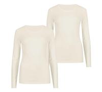 janisramone® Womens T Shirts, Pack of 2 Plain Round Neck Long Sleeve T Shirt, Stretchy Slim Fitted Breathable Summer Tops for Women UK, Going Out Tops Cream