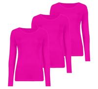 janisramone® Womens T Shirts, Stretchy Long Sleeve T Shirt, Plain Round Neck Breathable Summer Tops for Women UK, Trendy Slim Fitted Going Out Tops, Pack of 3 Neon Pink