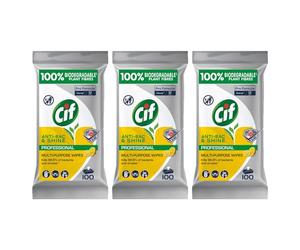 Janit-X Cif Professional Multipurpose Anti-Bac & Shine Lemon Wipes 100's (3 Pack)