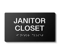 JANITOR CLOSET Signs with Raised Text & Grade 9 Braille, Matte Black Finish Easy Install with Double-Sided Tape, ADA Compliant Conference Room Office Door Sign
