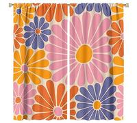 JanJCurt 1970s Hippie Floral Curtains, Retro Orange Pink Blue Flower Blackout Window Drapes, Boho Groovy Daisy Flowers Aesthetic Window Treatments for Living Room Kids Bedroom 42x63in