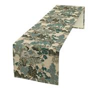 JanJCurt Asian Landscape Table Runner, Oriental Vintage Chinoiserie Green Teal Mountains Pine Trees Table Runner for Wedding Party Holiday Kitchen Dining Home Everyday Decor, 13x90inch