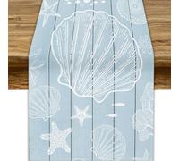 JanJCurt Beach Starfish Table Runner, Farmhouse Nautical Barn Wooden Plank Ocean Vintage Pastel Blue Teal Print Table Runner for Kitchen Dining Room Wedding Party Decor 13x36 Inch