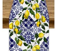 JanJCurt Blue Tile Lemon Table Runner, Summer Fresh Lemon Florals Print Table Runner for Farmhouse Home Dining Kitchen Table Decor Indoors Outdoors Party, 13x120in