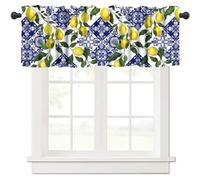 JanJCurt Blue Tile Lemon Window Valance, Summer Fresh Lemon Florals Print Short Curtain for Farmhouse Home Kitchen Bedroom Living Room Cafe, 54x18inch