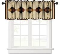 JanJCurt Brown Southwestern Kitchen Valance, Vintage Black Beige Native American Ethnic Boho Aztec Print Blackout Short Window Curtain for Bedroom Bathroom Cafe, 54x18inch