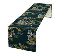 JanJCurt Chinese Landscape Table Runner, Vintage Oriental Line Art Golden White Bridge Plants Leaves Print Table Runner for Home Kitchen Dining Table Holiday Party Wedding Decor, 13x90inch