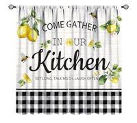 JanJCurt Farmhouse Lemon Kitchen Curtains, Rustic Country Vintage Wood Plank Black White Buffalo Plaid Yellow Lemon Flower Leaves Fruit Print Window Curtains for Living Room Bedroom 42x45 Inch