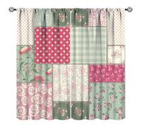 JanJCurt Plaid Floral Curtains, Bohemian Abstract Colorful Patchwork Retro Rose Flowers Plants Blackout Window Curtains for Girls Women Bedroom Living Room, Romantic Pink Green 42x45 Inch