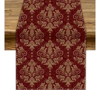 JanJCurt Red Damask Table Runner, Vintage Classic Luxury Dark Red Golden Floral Damask Print Table Runner for Home Kitchen Dining Room Wedding Party Decor, 13x36inch