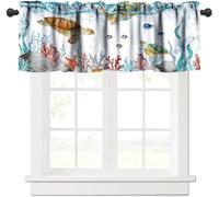 JanJCurt Sea Turtle Window Valance, Teal Blue Ocean Underwater Animal Starfish Fish Nautical Coastal Rod Pocket Short Curtain Valance for Living Room Bathroom Kitchen, 54x18in